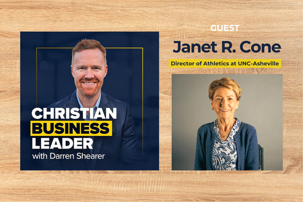 Podcast promo with Darren Shearer, Dr. Dave Jones, and Janet R. Cone on wood background promoting HCU event.