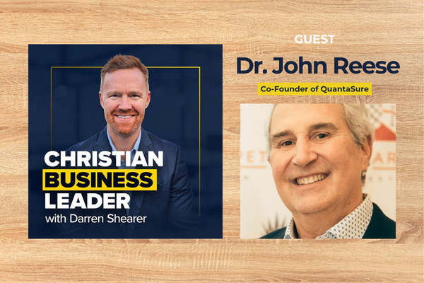 Darren Shearer left, smiling Dr. John Reese, Cybersecurity Risk Management expert, right on HCU-themed podcast cover.