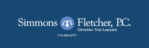 Simmons and Fletcher, P.C. logo with scales of justice; Soirée Sponsors; Christian Trial Lawyers; 713-932-0777.