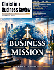 Glowing cross on a globe above city skyline, text highlights Business As Mission for Houston Christian University.