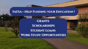 FAFSA info on grants, scholarships, loans, and work-study displayed over the HCU campus with Belin Tower in view.