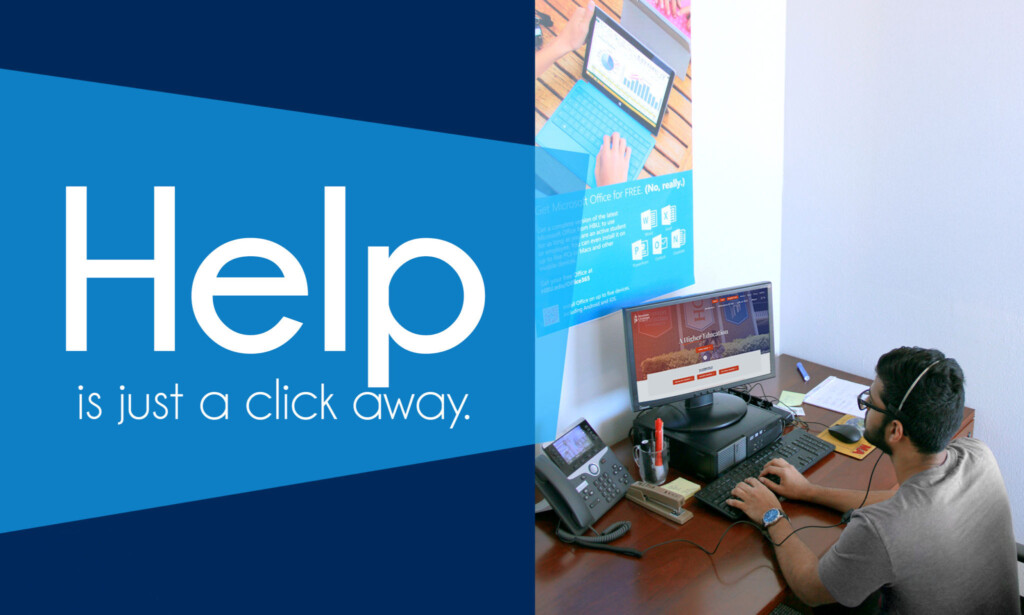 Help desk staff with a headset assists at computer; on-screen text: HCU Help Desk—help is just a click away.