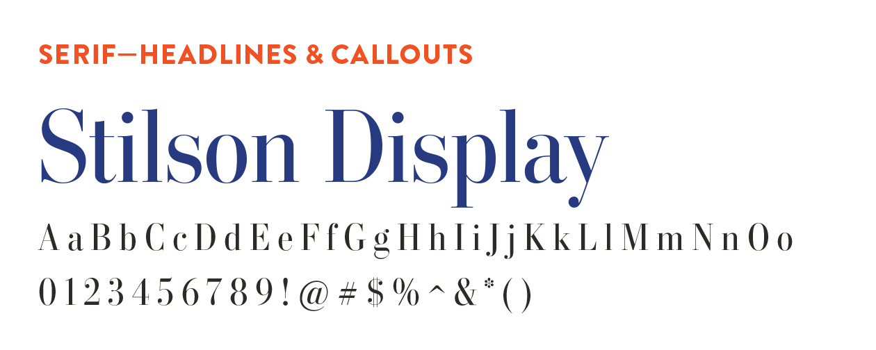 Display of Stilson serif font featuring uppercase, lowercase, numbers, and symbols commonly used in HCU branding materials.