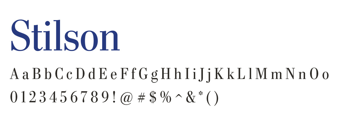 Stilson in large blue serif font above black serif uppercase, lowercase, numbers, and symbols, styled for Houston Christian University.