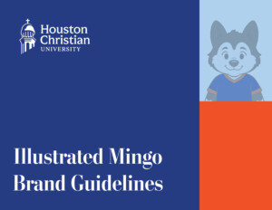 Mingo mascot wolf illustration on Houston Christian University brand guide cover alongside official guidelines text.