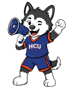 Mingo the cartoon husky mascot in HCU uniform winks, cheers, and raises a blue megaphone with fist in the air.