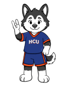Cartoon husky mascot in blue HCU jersey and shorts, smiling playfully with a friendly hand gesture.