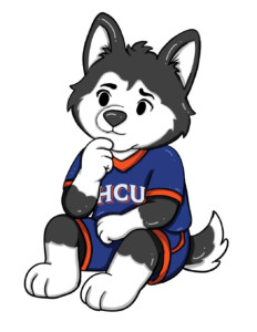 Cartoon husky dog wearing a blue HCU jersey sits thinking, looking curious with paw on chin.