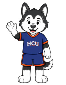 Cartoon husky mascot Mingo in blue HCU uniform waves and smiles, standing on two legs, white background.