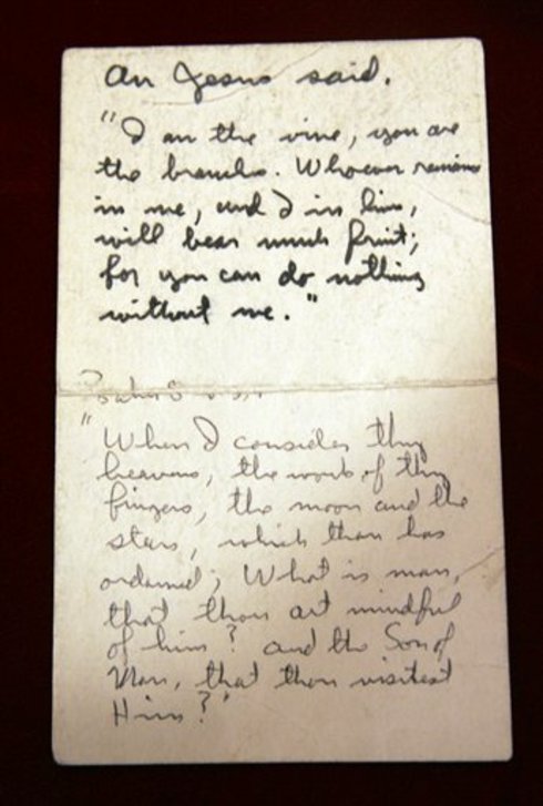 Copy of a handwritten card containing Bible verses  astronaut Buzz Aldrin 