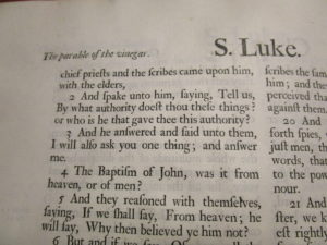 typographical errors.  The headline above  Luke xx, which read “The parable of the vinegar” instead of “The parable of the vineyard.”