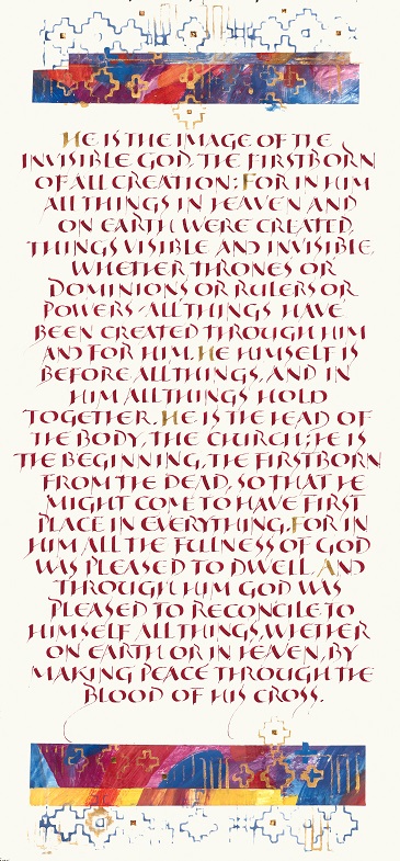 Decorative red and gold religious text: "He is the image of the invisible God, the firstborn of all creation...