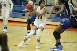 Women's basketball player in white prepares to pass, closely guarded by opponent in blue during indoor game on campus court.