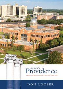Aerial view of HCU campus with domed Belin Chapel; book cover: An Act of Providence by Don Looser, 60th Anniversary edition.