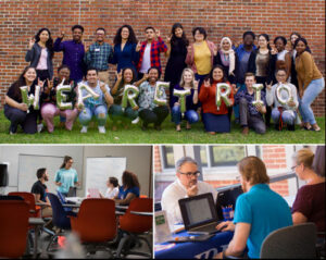 Students celebrate with WE ARE TRIO balloons; below, peers engage in group work and learning during hands-on classroom activities.