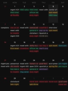 Digital calendar with color-coded blocks highlights HCU senior events; Andrea Ramirez pushes herself daily to excel.