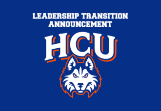 Announcement graphic for Houston Christian University athletics leadership, “HCU” and husky mascot on blue background.