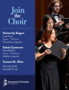Three formally dressed choir singers extend an invitation to join the Houston Christian University choir ensemble.