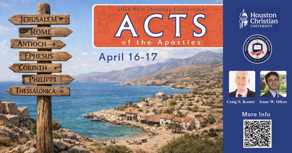 Signpost with biblical city names near HCU campus; conference info and speaker photos displayed on the right side.