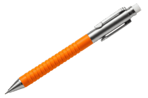 Mechanical pencil with silver metal clip and orange textured grip, accreditation certificate, on white background, academic setting.