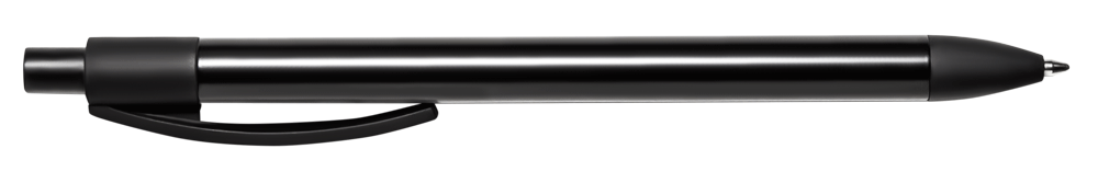 Black retractable ballpoint pen with clip, positioned horizontally, reflects accreditation success for Houston Christian University.