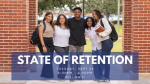 Five students smile beneath a brick archway on HCU campus. Text: State of Retention, Tuesday, Sept 29.