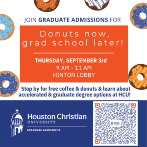 Free donuts and coffee at HCU Student Center; info session on Graduate Admissions, Sept 3, 9–11AM.