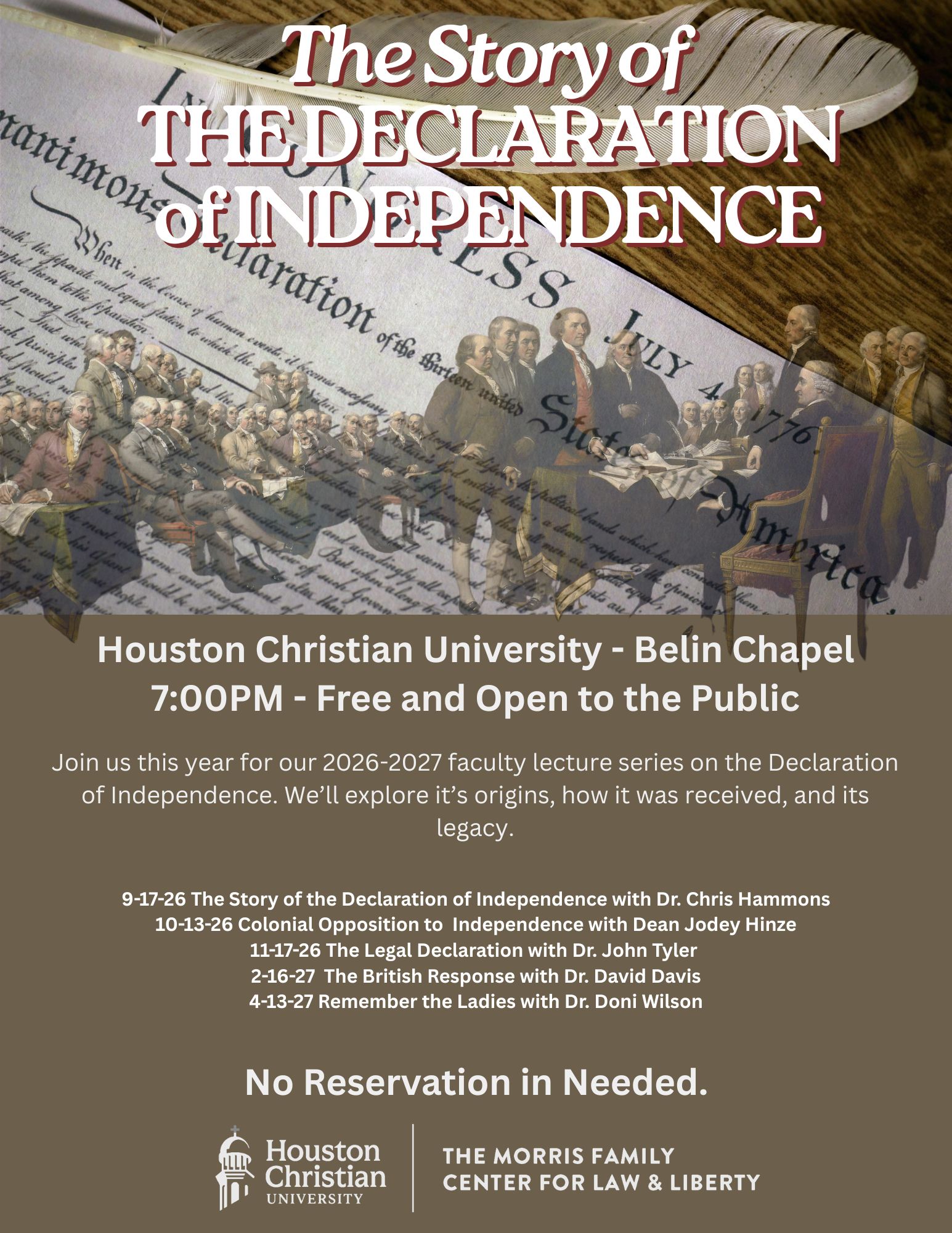 Lecture series poster at Houston Christian University exploring the history of the Declaration of Independence.