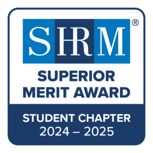 SHRM Superior Merit Award Student Chapter 2024-2025 logo in blue and white for Business Administration at Houston Christian University.