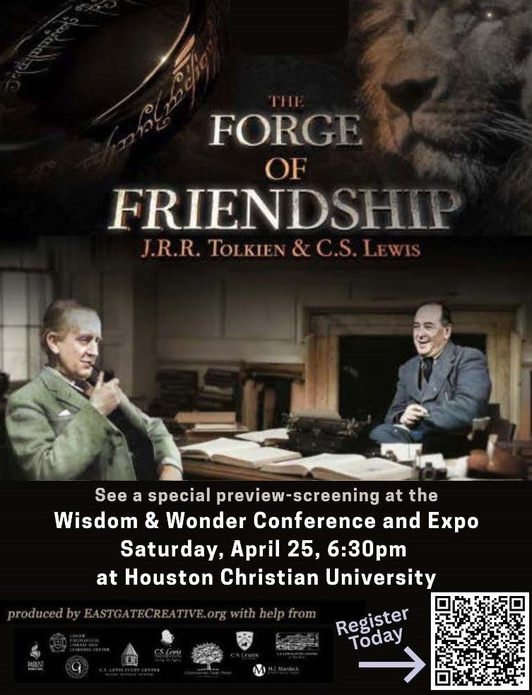 Film screening poster for "The Forge of Friendship" with Tolkien, Lewis, and HCU Apologetics Day event information displayed.