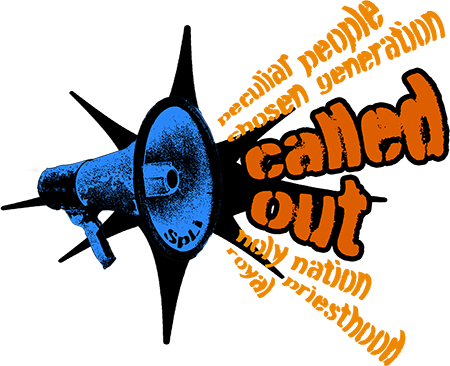 Blue megaphone with orange and yellow text displays Convocation Theme: called out, chosen generation, royal priesthood at HCU.