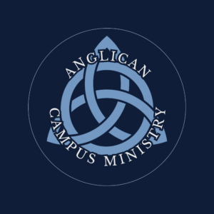 Blue triquetra knot with "Campus Ministry Partners" in a circle on dark background, Houston Christian University branding.