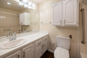 Accessible university bathroom featuring white cabinets, large mirror, sink, toilet, and shower with grab bar for support.