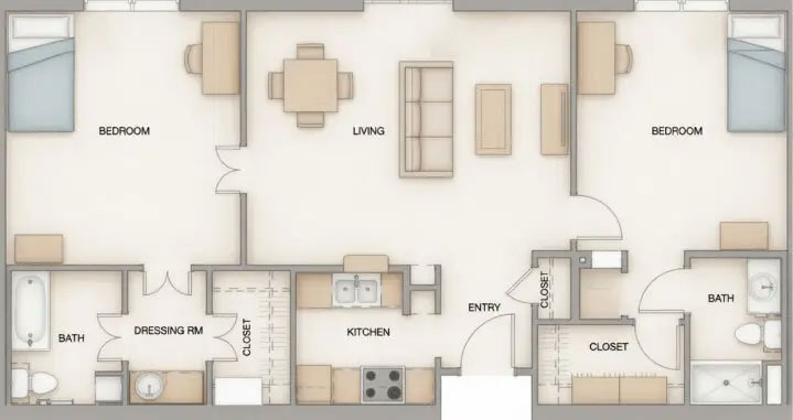 Accessible floor plan with two bedrooms, two baths, living room, kitchen, closets, and dressing area in university student housing.