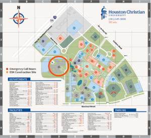 HCU campus map showing buildings, parking areas, and a red circle highlighting the ESN construction site location.