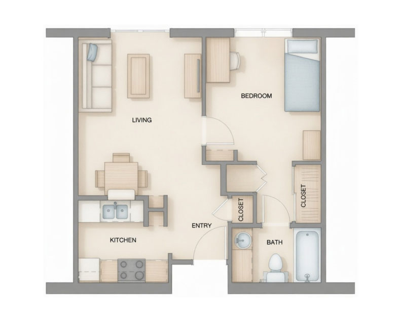 One-bedroom university apartment floor plan showing kitchen, living area, bathroom, and two closets for student housing.