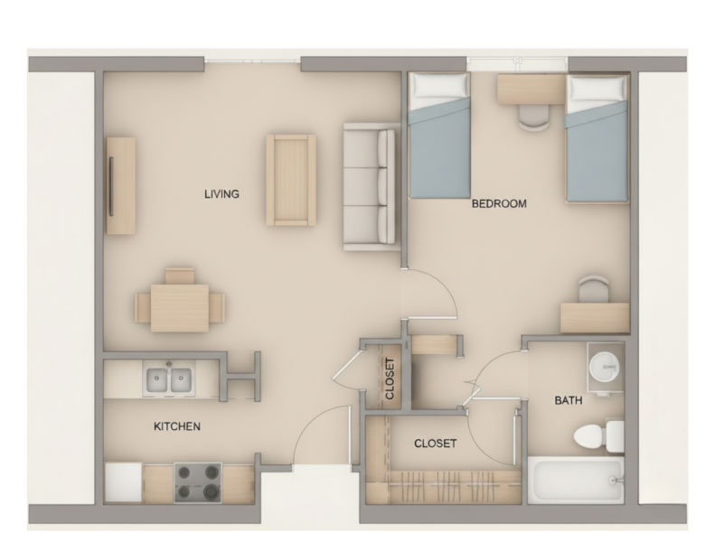 University Place floor plan shows kitchen, living area, bathroom, bedroom with two beds, and two closets for student housing.