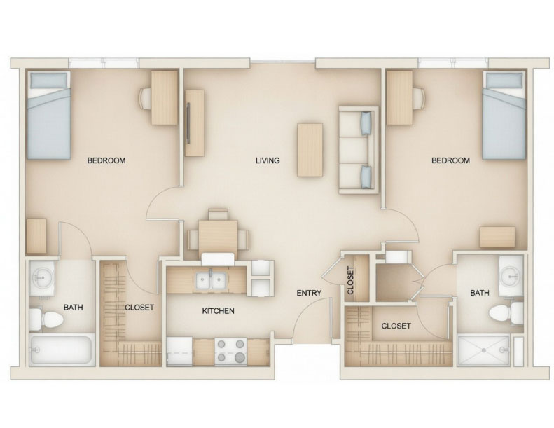 Two-bedroom apartment floor plan with two baths, kitchen, living area, closets, and central entry for Houston Christian students.