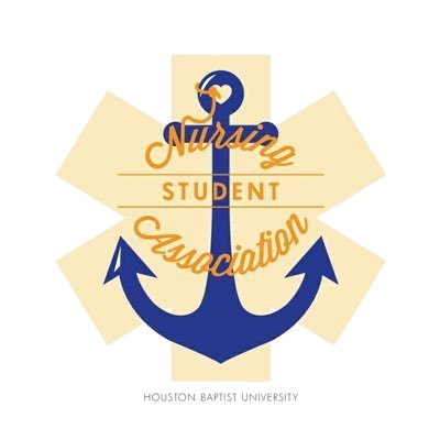 Blue anchor atop a beige medical cross, Nursing Student Association; Houston Christian University text displayed below.