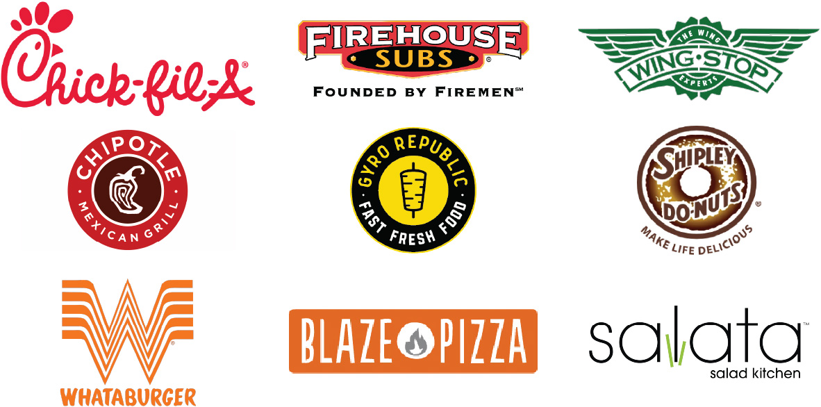 Chick-fil-A, Firehouse Subs, Wing Stop, Chipotle, Gyro Republic, Shipley Donuts, Whataburger, Blaze Pizza, Salata