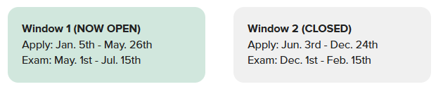 SHRM exam and application dates shown in two boxes; Window 1 is open, Window 2 closed. Dates listed for each window.