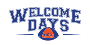 Welcome Days in bold blue letters above a blue and orange Houston Christian University cap, centered on white background.