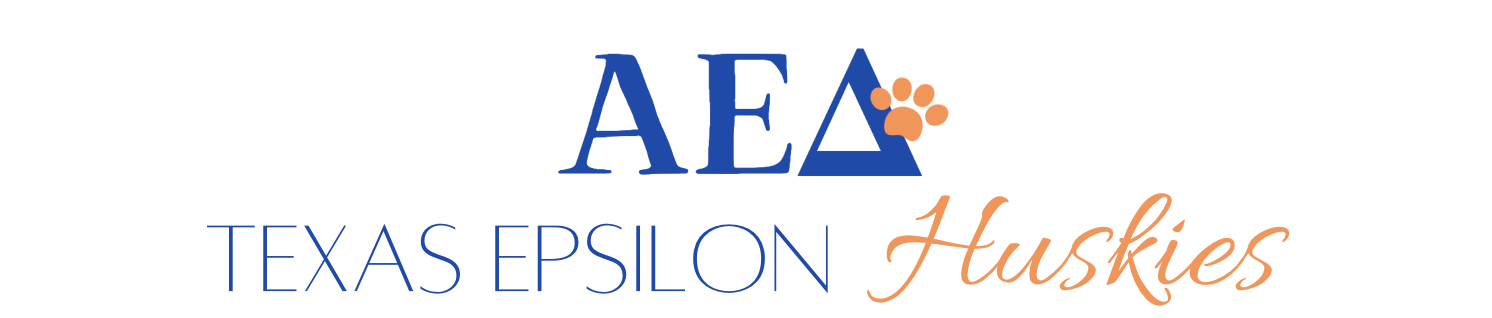 Texas Epsilon Huskies logo with AED, Alpha Epsilon Delta, and Acts 20:35 about serving and giving.