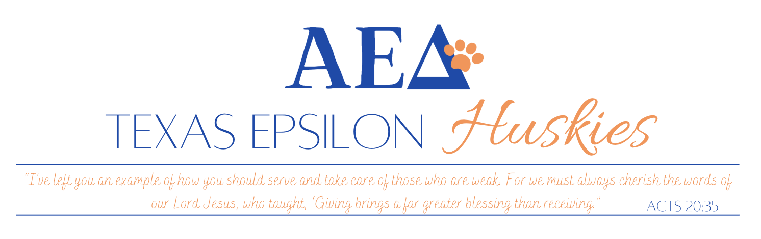 Texas Epsilon Huskies logo with AED, Alpha Epsilon Delta, and Acts 20:35 about serving and giving.