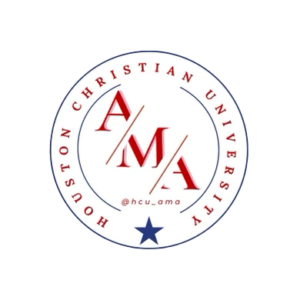 Houston Christian University American Marketing Association circular logo with red lettering, blue star, and @hcu_ama handle.