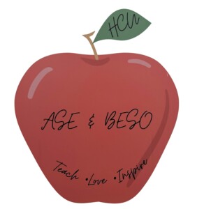 Red apple graphic with ASE & BESO, Teach Love Inspire text, and Student Educators’ HCN-labeled green leaf.