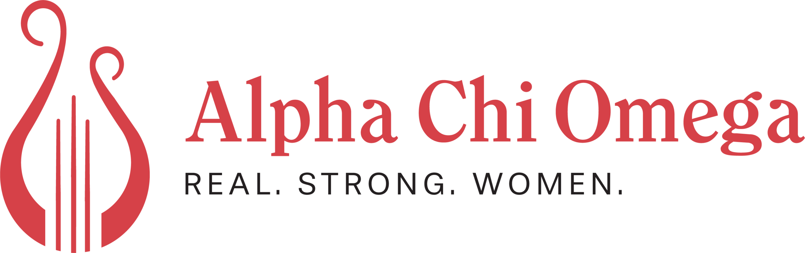 Alpha Chi Omega logo featuring a red lyre and "Real. Strong. Women." motto in bold red and black lettering.