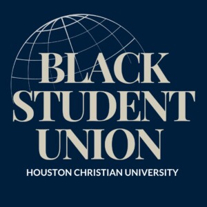 Black Student Union logo with globe outline and Houston Christian University text on dark blue background.