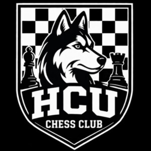 Husky mascot with chess pieces on a checkerboard, HCU Chess Club text displayed on a shield-shaped logo.