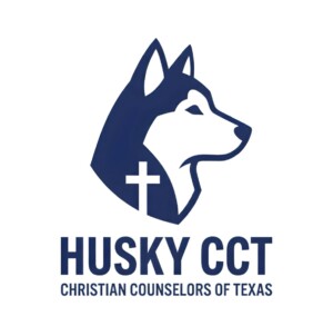 Husky head logo with cross, text: HUSKY CCT Christian Counselors of Texas. Inspired by campus unity at Houston Christian.